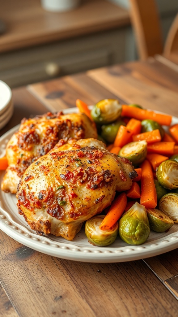 Comforting Winter Air Fryer Meals Crispy air fryer chicken with roasted winter vegetables on a wooden table.